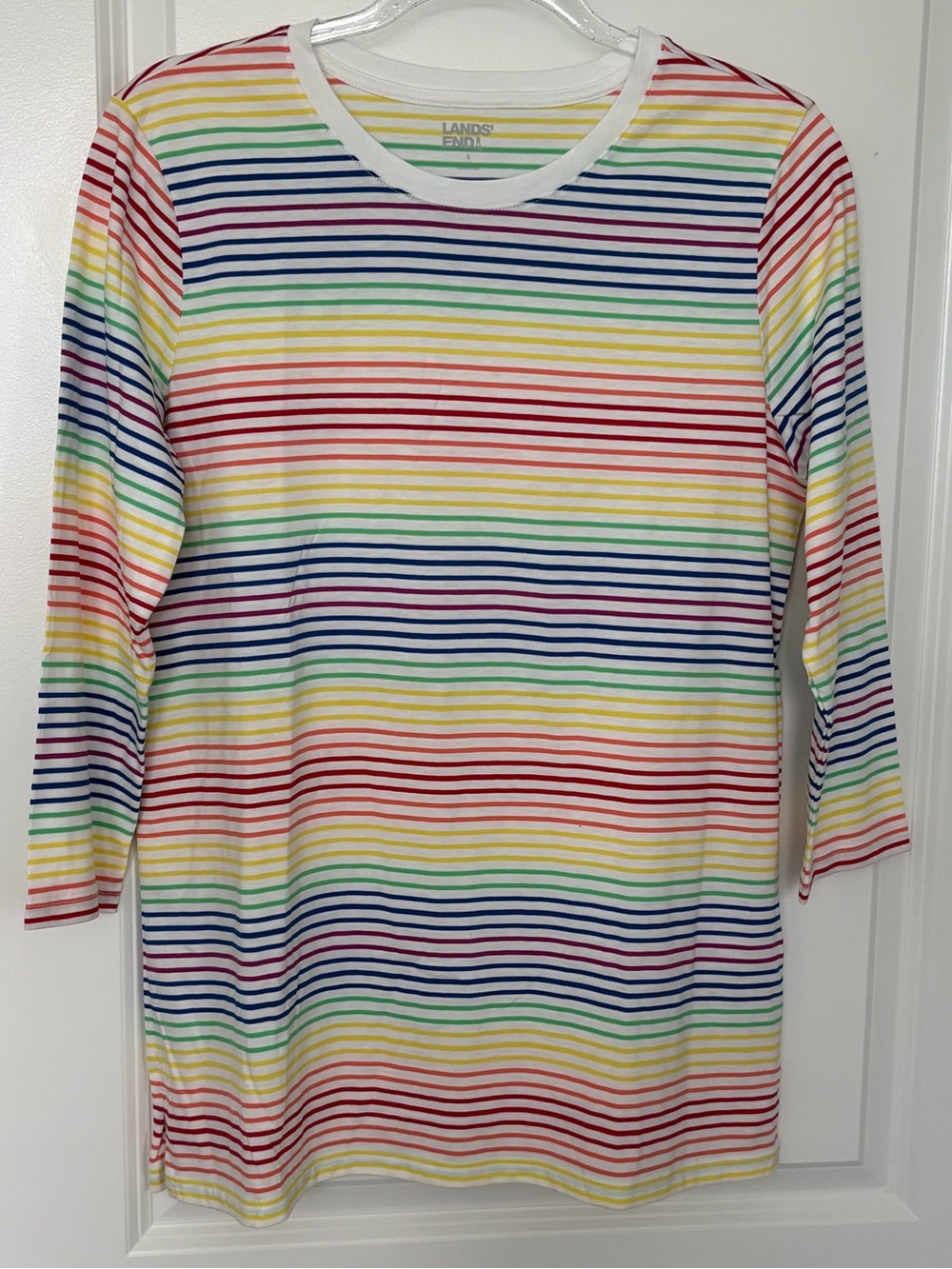 Lands’ End Women’s S Rainbow Stripe Cotton Tunic 3/4 Sleeve Relaxed Fit